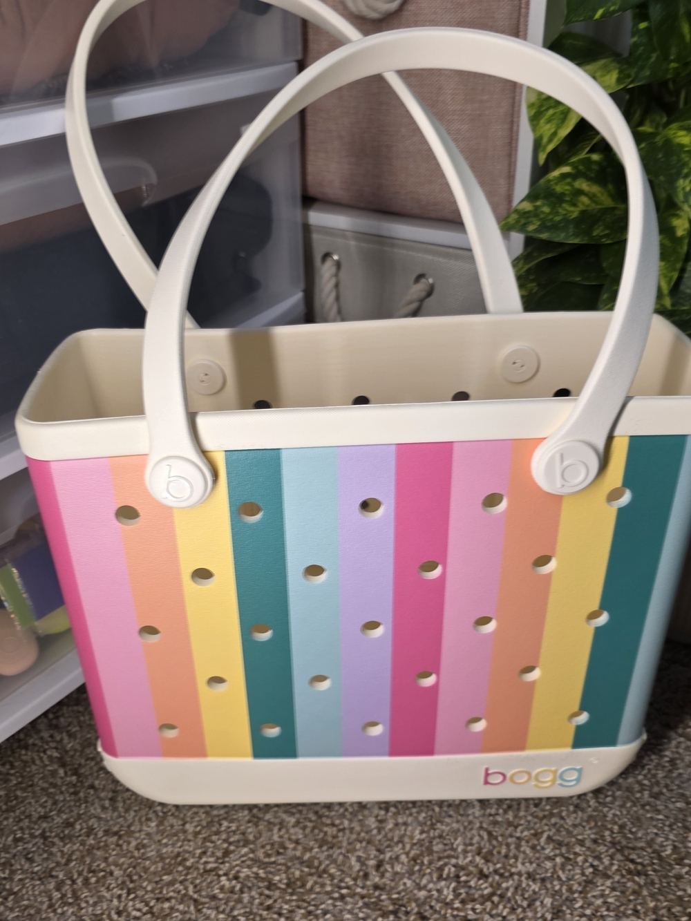 Bogg Bag Rainbow Stripe Tote - Cream Handles